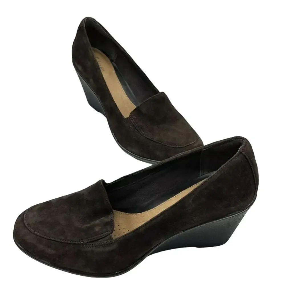 Clark's Elegant Brown Suede Wedge‎ Loafers Comfortable Slip-On Shoes